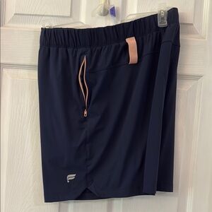 Fabletics Dark Blue Athletic Shorts with Peach Accents